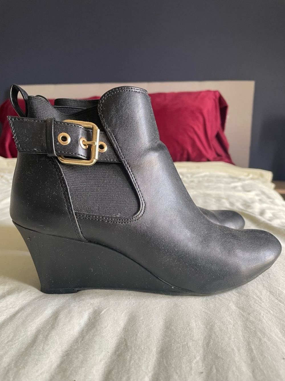 dexflex comfort Black Wedge Ankle Boot with Gold Buckle
